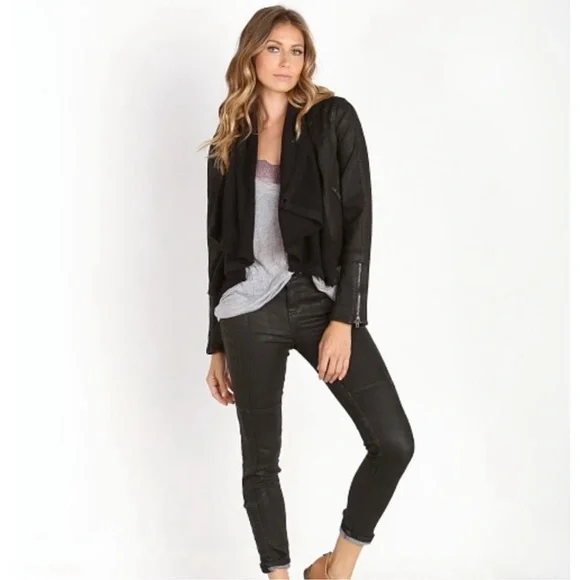 Free People Coated Denim Drape Front Moto Jacket Black Waterfall Collar XS 0 - Picture 7 of 14